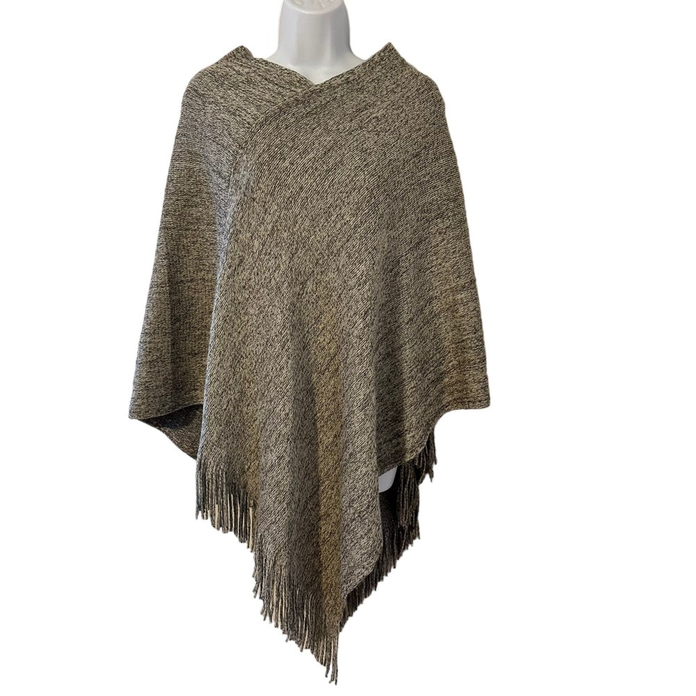 Gray Black Asymmetrical Fringe Sweater Cape Poncho